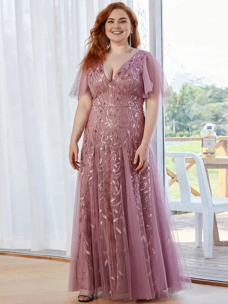 Elegant A-line V Neck Flutter Sleeve Back Zip Floor-Length Plus Size Prom Dress
